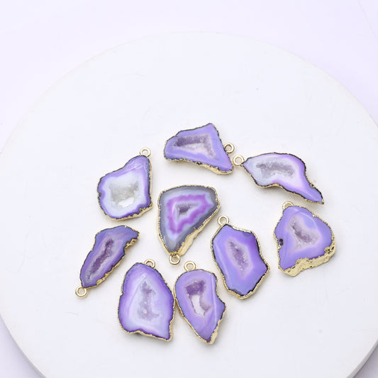 Natural purple geode slice connectors with druzy crystals and gold-plated edges