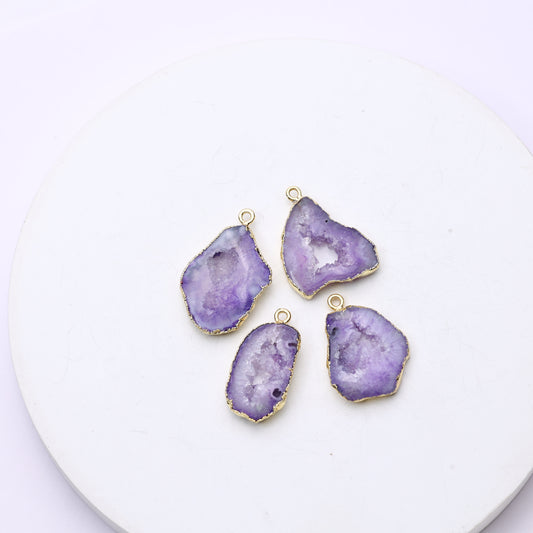 Handmade purple agate geode slice charms with sparkling druzy centers
