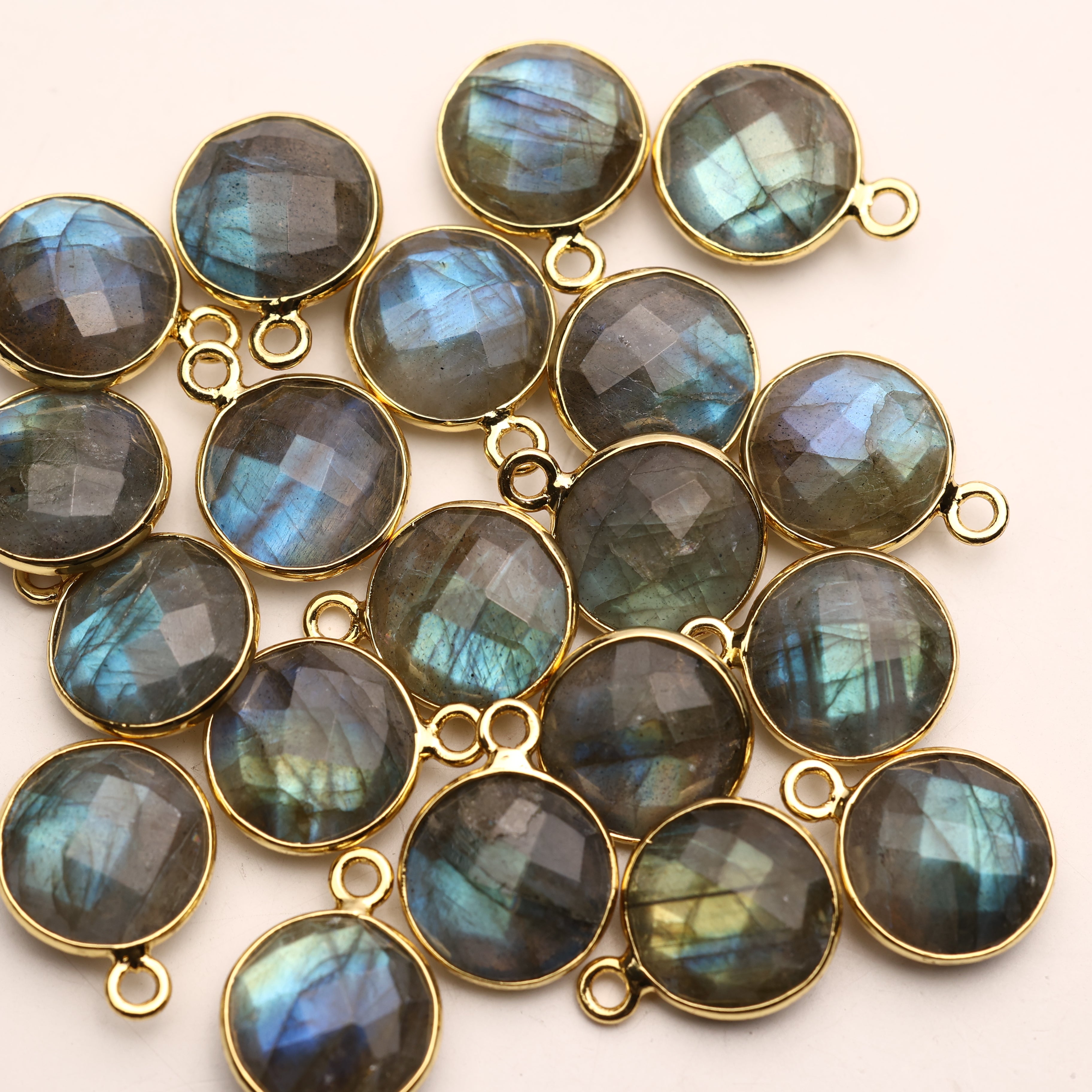 10mm Labradorite Round Faceted Charms – Gold-Plated Brass Gemstone Pendants