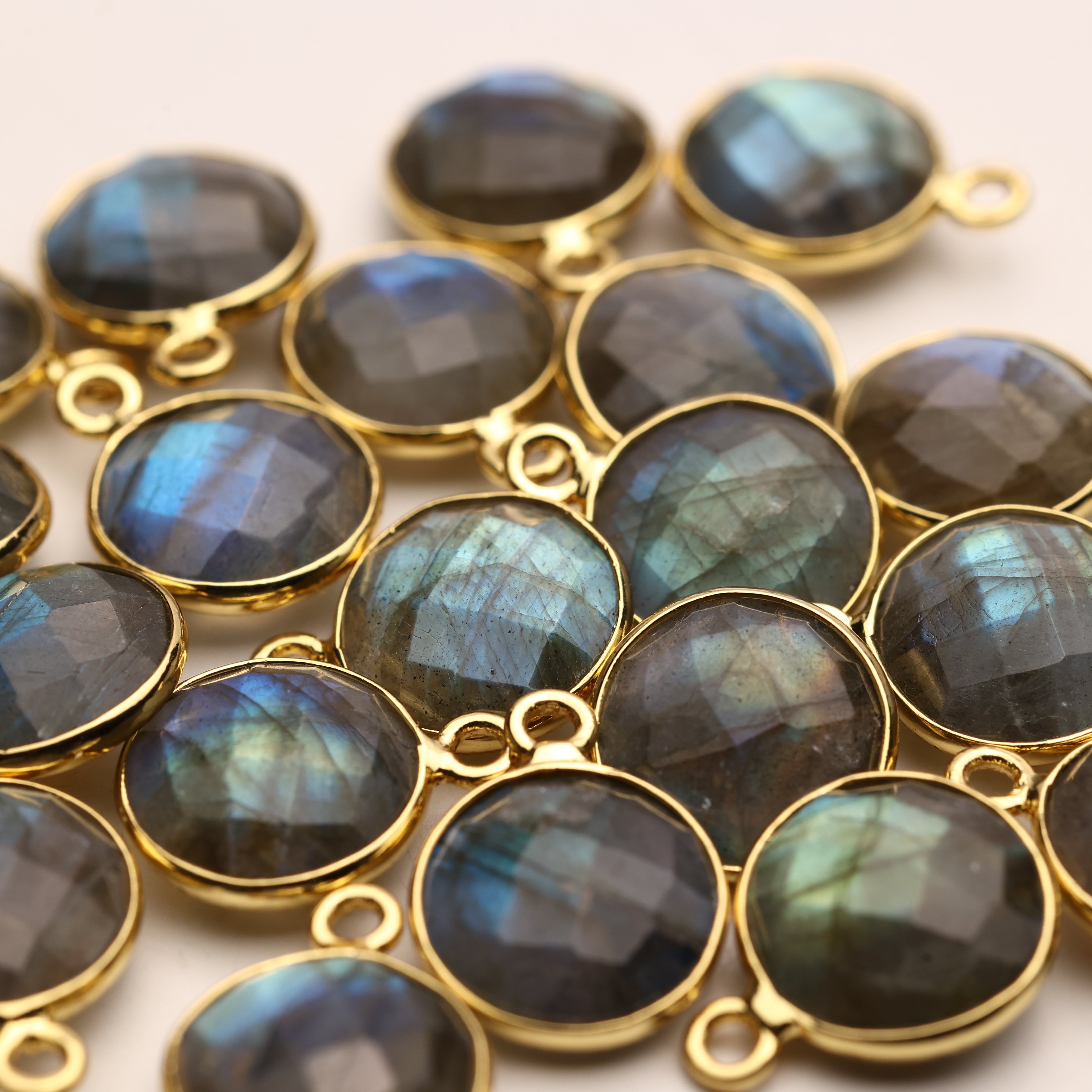 10mm Labradorite Round Faceted Charms – Gold-Plated Brass Gemstone Pendants
