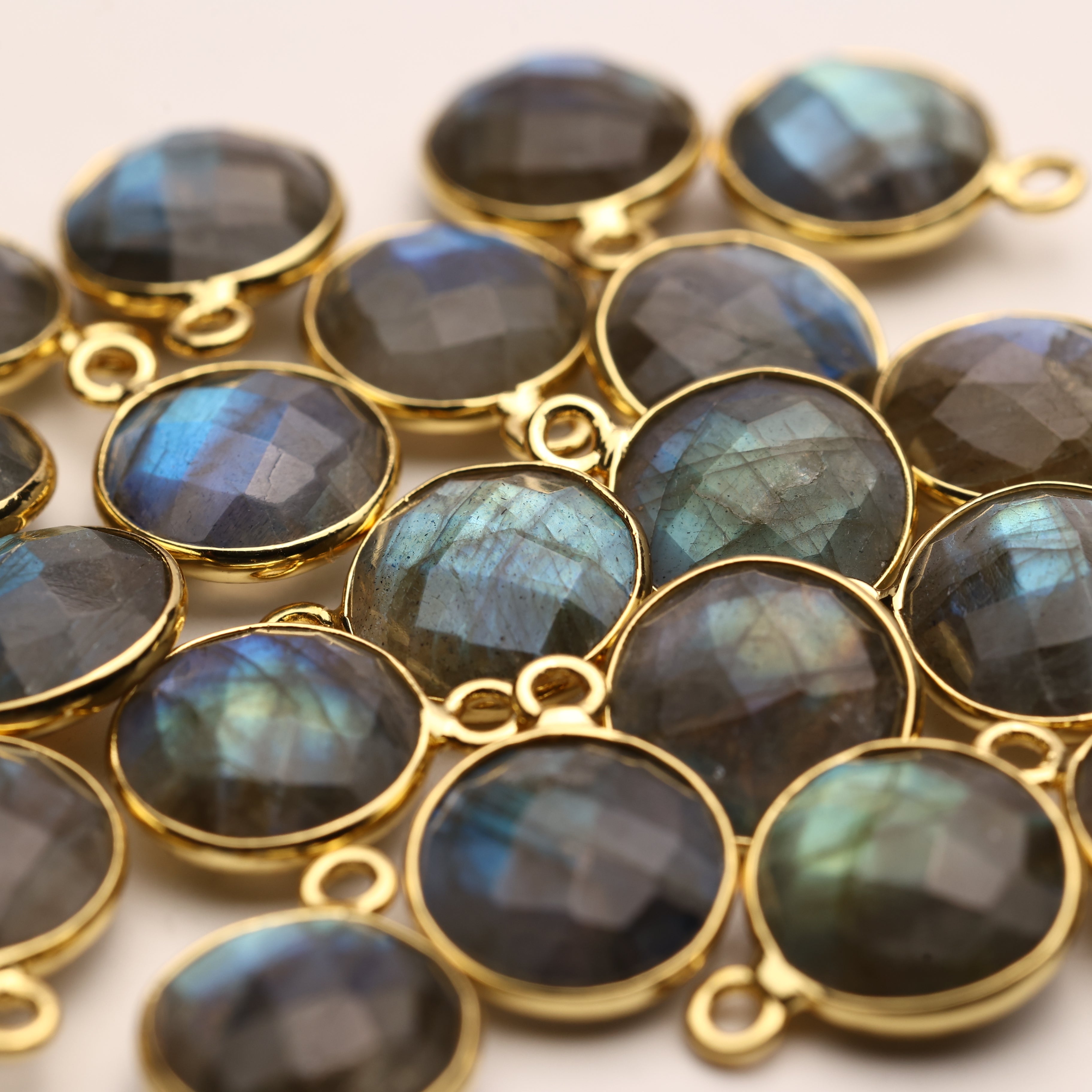 10mm Labradorite Round Faceted Charms – Gold-Plated Brass Gemstone Pendants