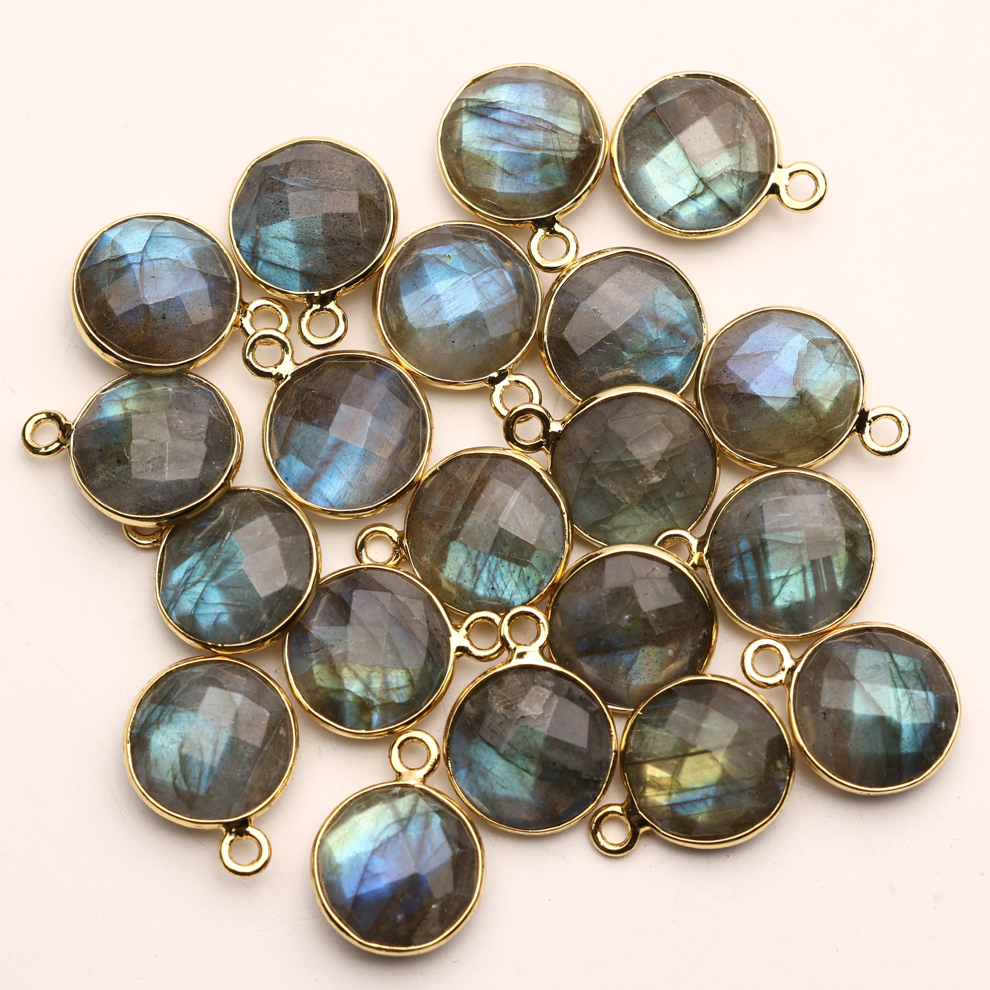 10mm Labradorite Round Faceted Charms – Gold-Plated Brass Gemstone Pendants
