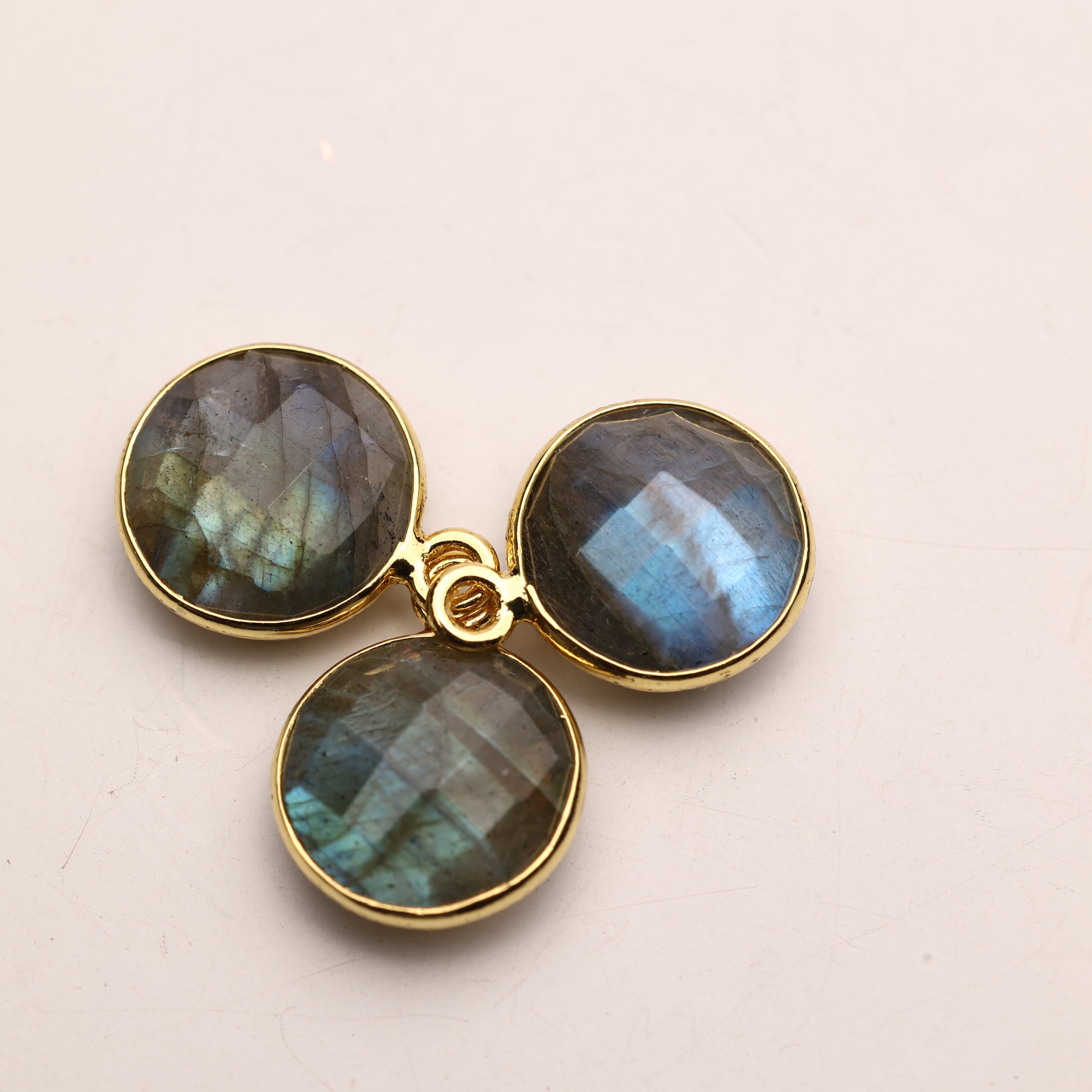 10mm Labradorite Round Faceted Charms – Gold-Plated Brass Gemstone Pendants