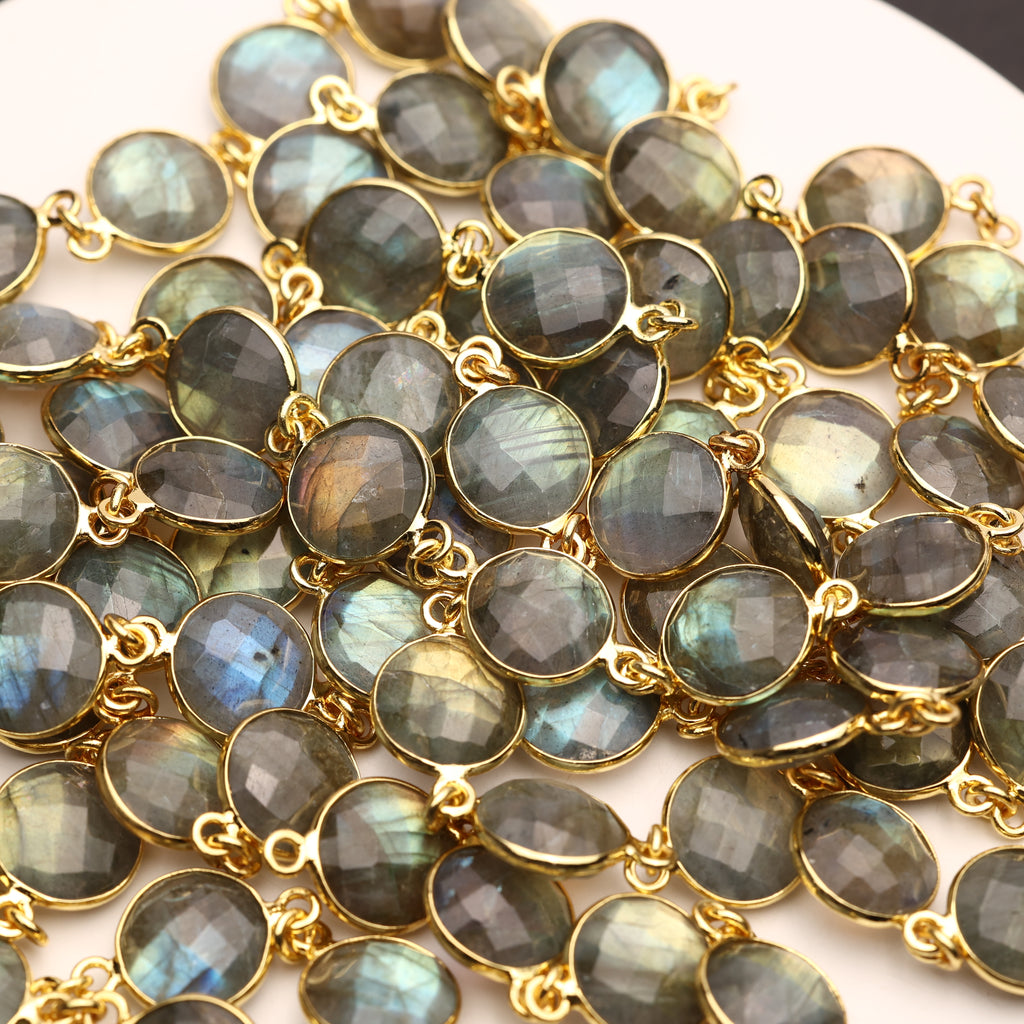Labradorite Bezel Chain – 10 mm Natural Gemstone Chain For Jewelry Making, Custom Metal & Plating Options