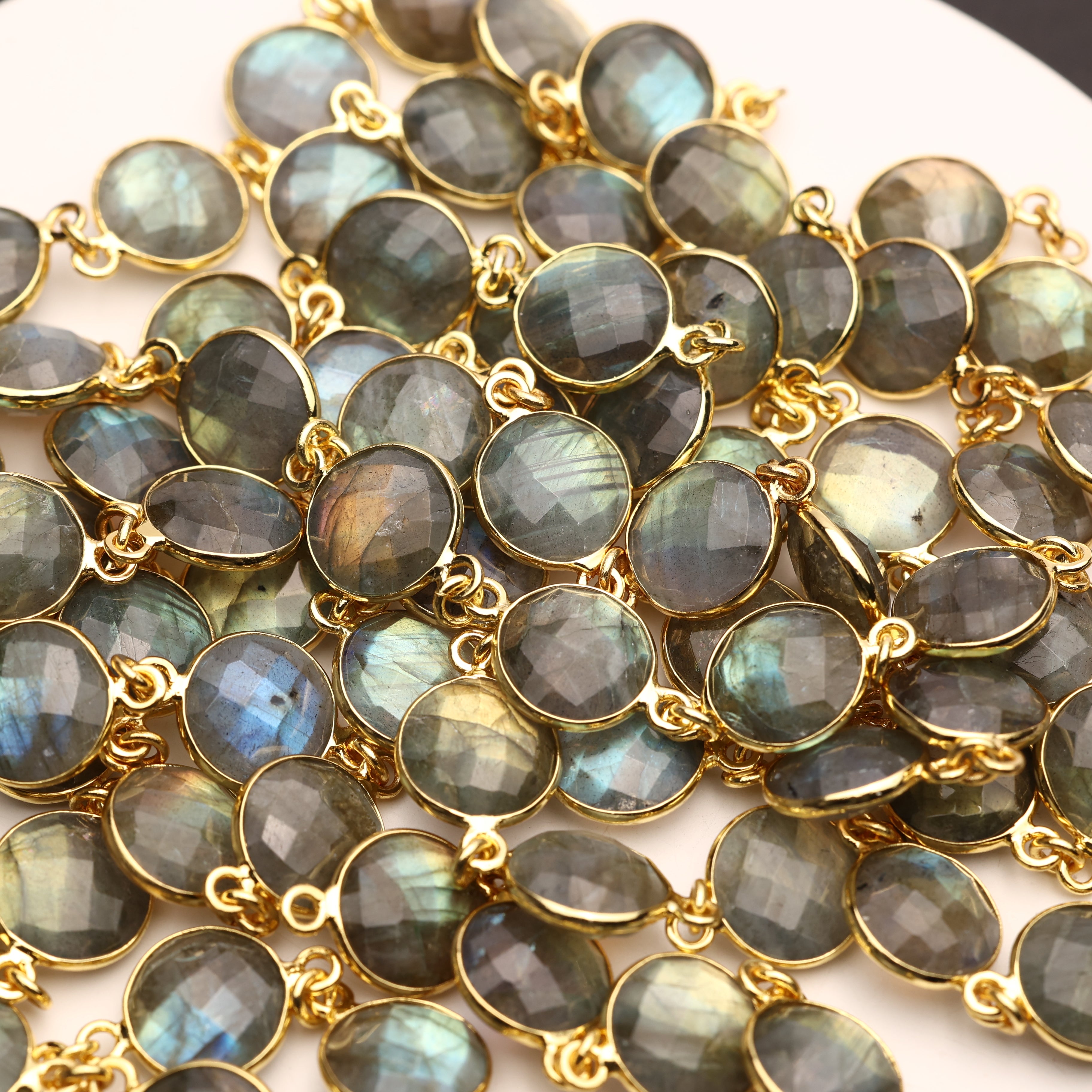 Labradorite Bezel Chain – 10 mm Natural Gemstone Chain For Jewelry Making, Custom Metal & Plating Options
