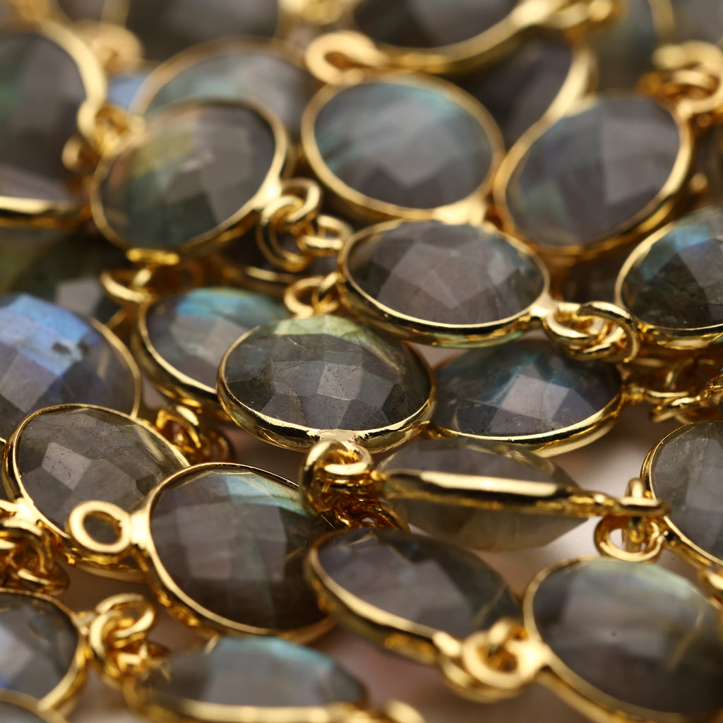 Labradorite Bezel Chain – 10 mm Natural Gemstone Chain For Jewelry Making, Custom Metal & Plating Options
