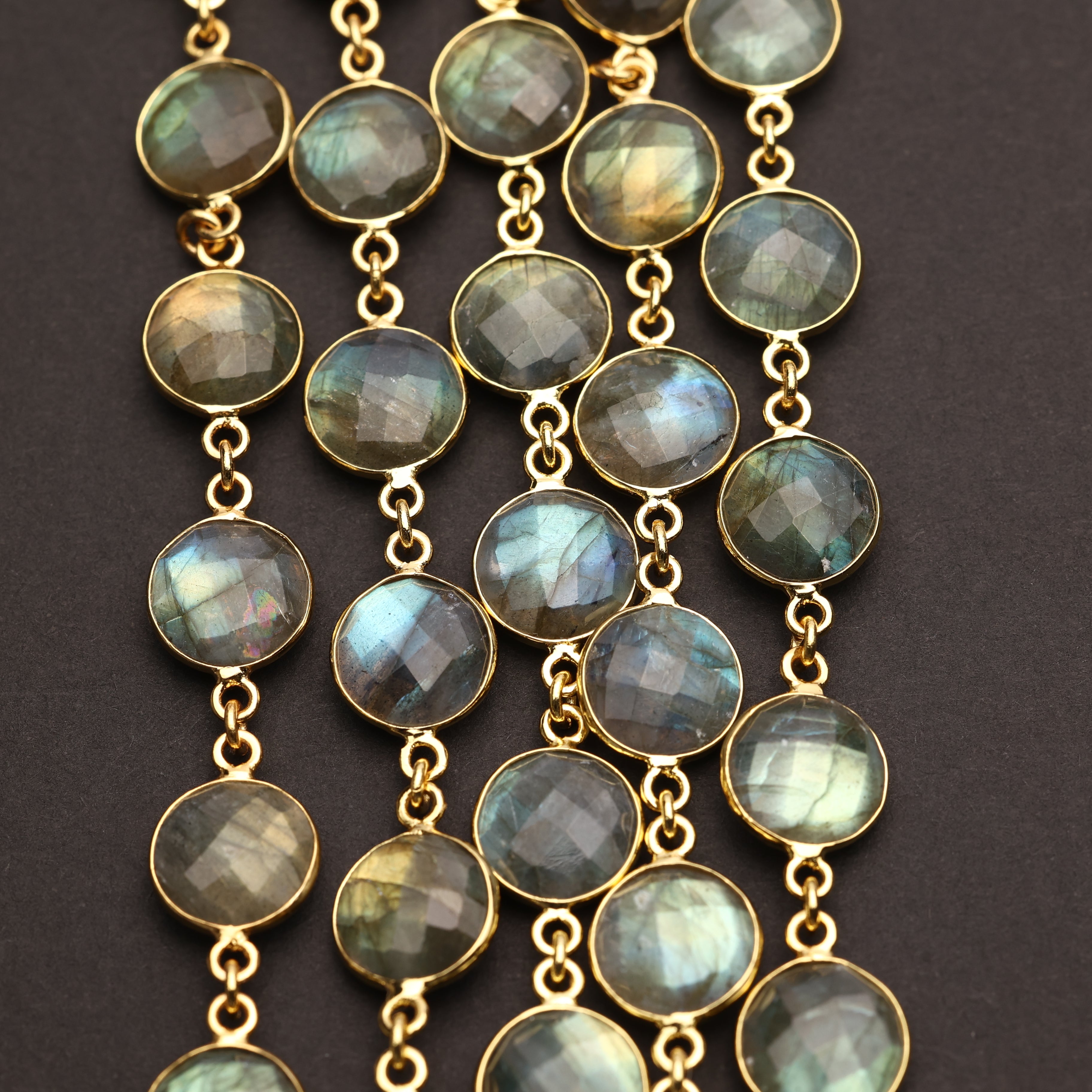 Labradorite Bezel Chain – 10 mm Natural Gemstone Chain For Jewelry Making, Custom Metal & Plating Options