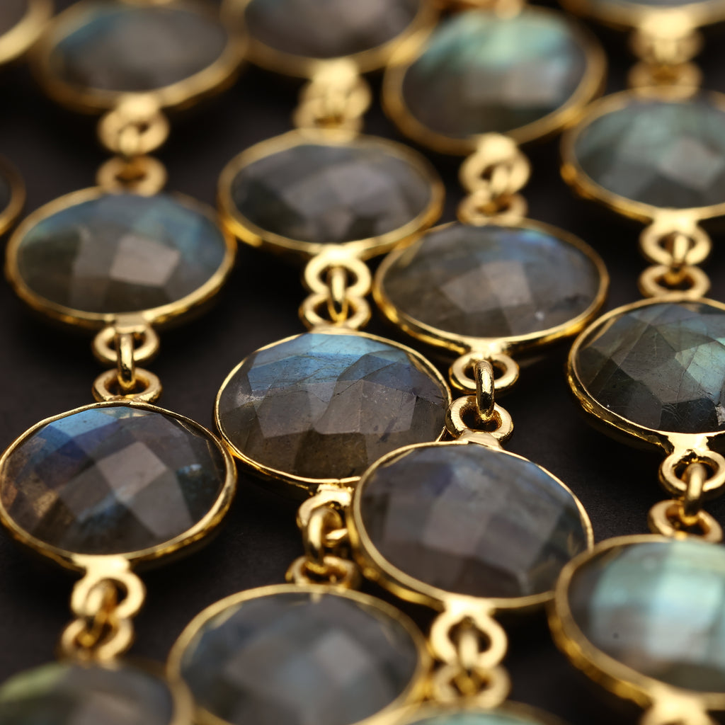 Labradorite Bezel Chain – 10 mm Natural Gemstone Chain For Jewelry Making, Custom Metal & Plating Options