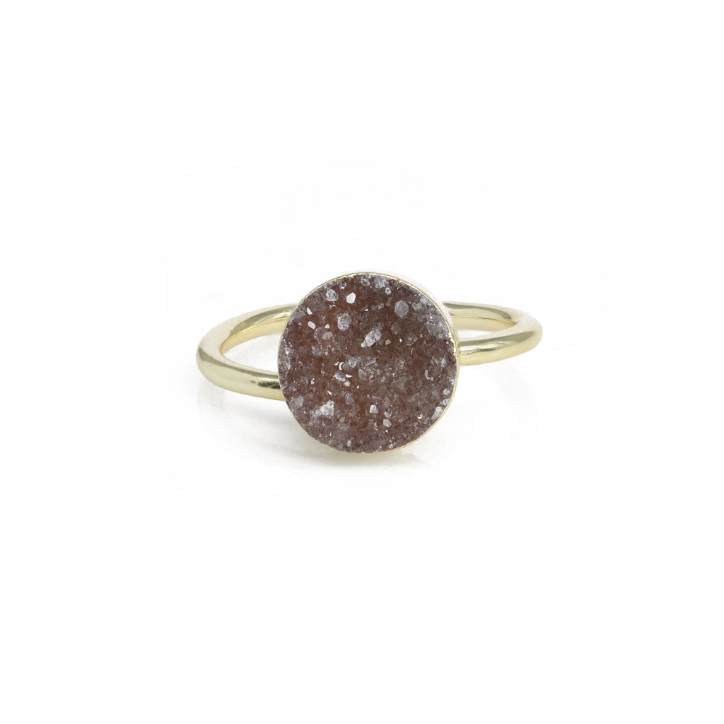 Edged Micron Gold Rings 10 mm Natural Gemstone Agate Druzy Round Titanium Green Gold Plated on Brass Adjustable Shank