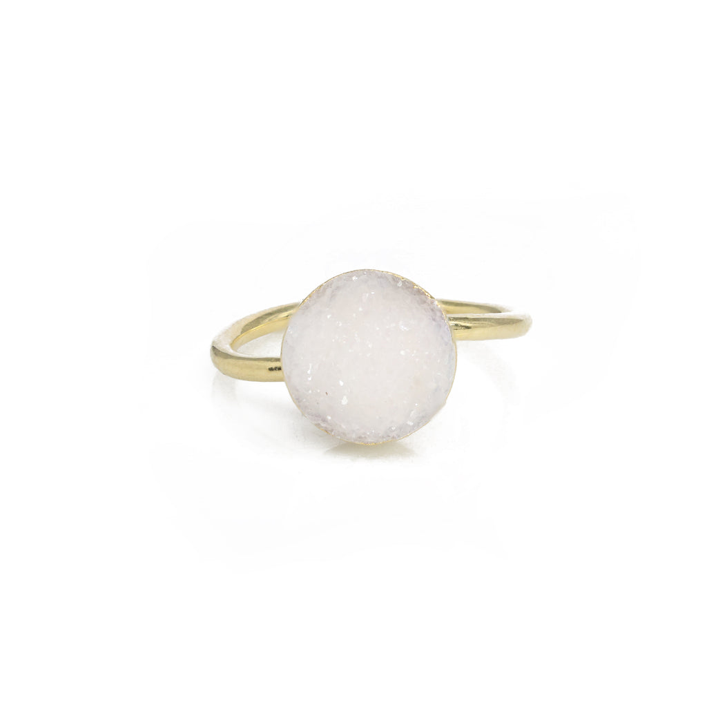 Edged Micron Gold Rings 10 mm Natural Gemstone Agate Druzy Round Titanium Green Gold Plated on Brass Adjustable Shank