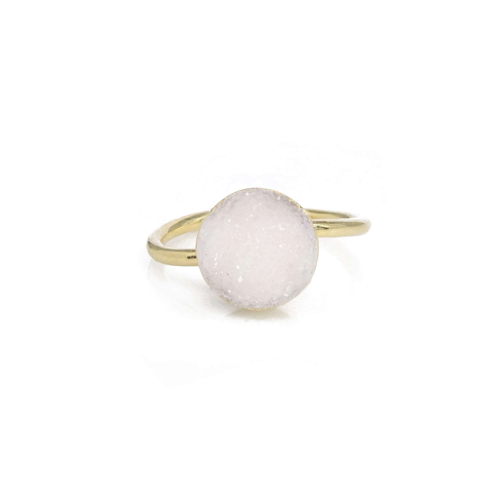 Edged Micron Gold Rings 10 mm Natural Gemstone Agate Druzy Round Titanium Green Gold Plated on Brass Adjustable Shank