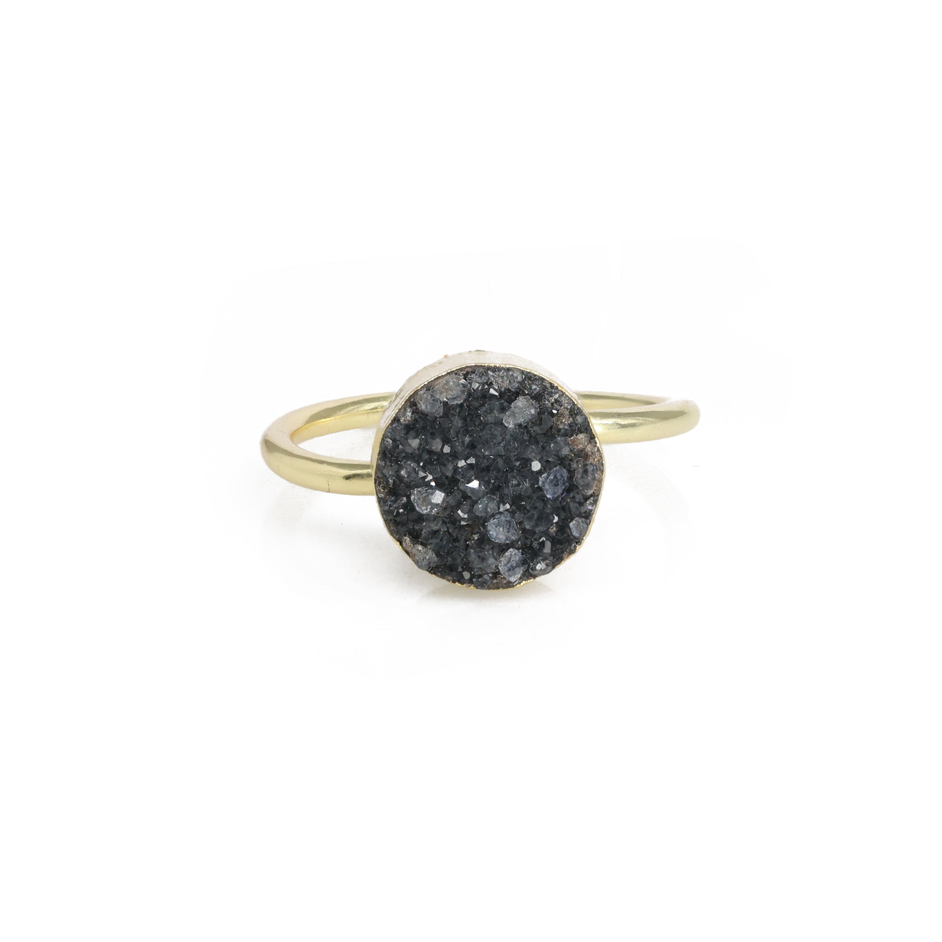 Edged Micron Gold Rings 10 mm Natural Gemstone Agate Druzy Round Titanium Green Gold Plated on Brass Adjustable Shank