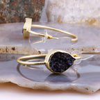 Gold-Plated Brass Hoop Earrings with Black Druzy Stone – Handmade Boho Statement Jewelry