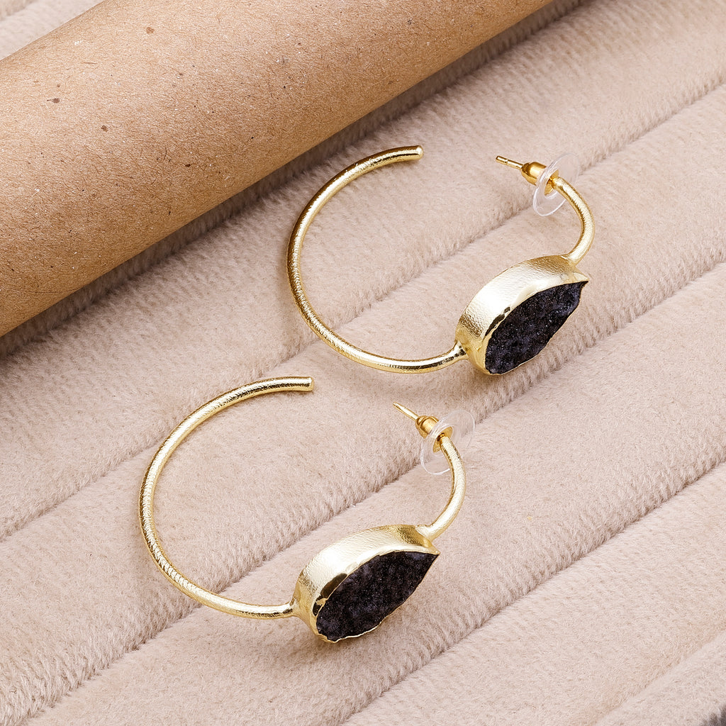 Gold-Plated Brass Hoop Earrings with Black Druzy Stone – Handmade Boho Statement Jewelry