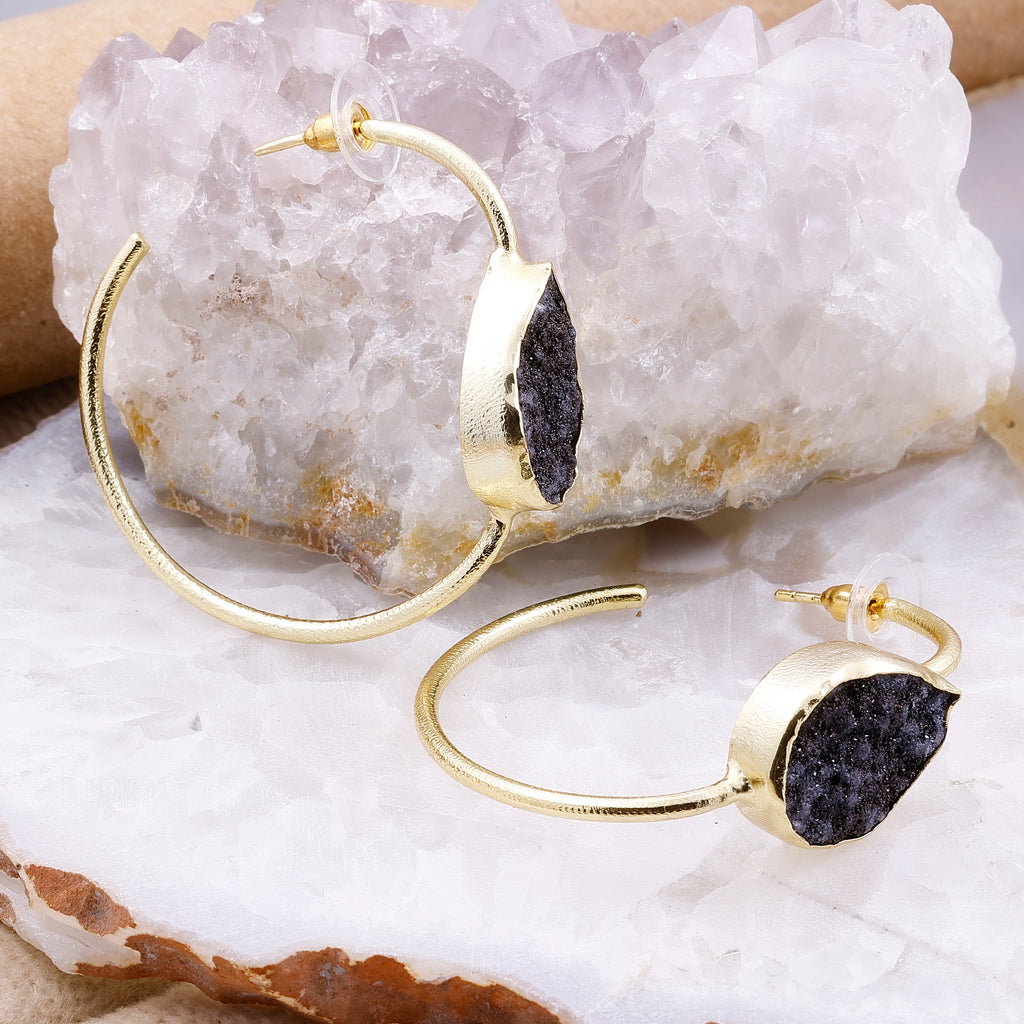 Gold-Plated Brass Hoop Earrings with Black Druzy Stone – Handmade Boho Statement Jewelry