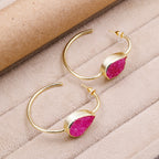 Gold-Plated Brass Hoop Earrings with Black Druzy Stone – Handmade Boho Statement Jewelry