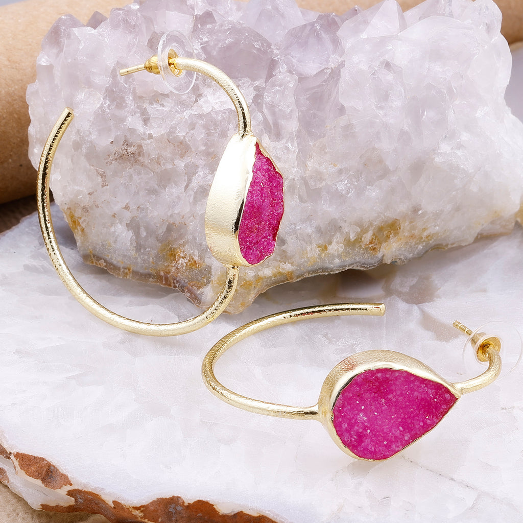 Gold-Plated Brass Hoop Earrings with Black Druzy Stone – Handmade Boho Statement Jewelry