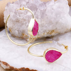 Gold-Plated Brass Hoop Earrings with Black Druzy Stone – Handmade Boho Statement Jewelry