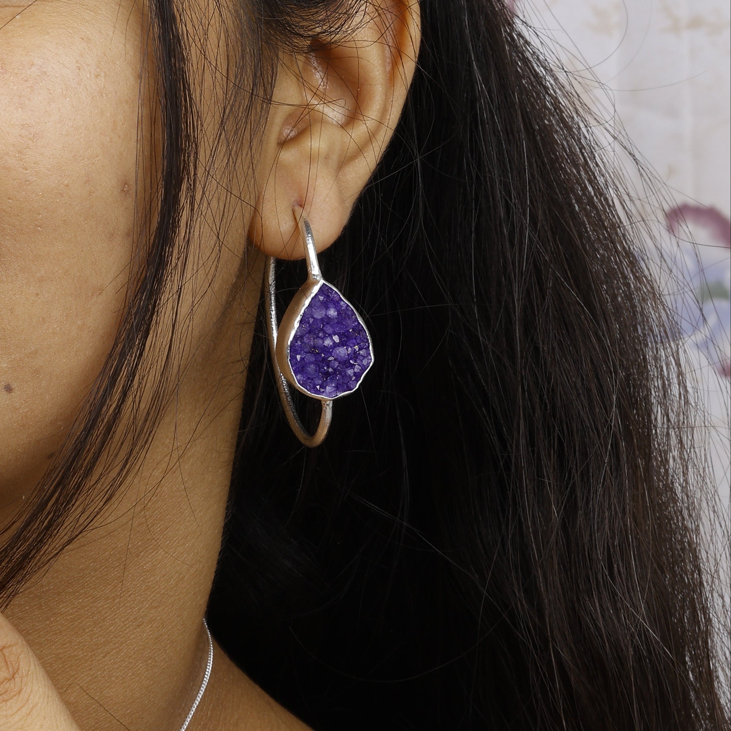 Gold-Plated Brass Hoop Earrings with Black Druzy Stone – Handmade Boho Statement Jewelry