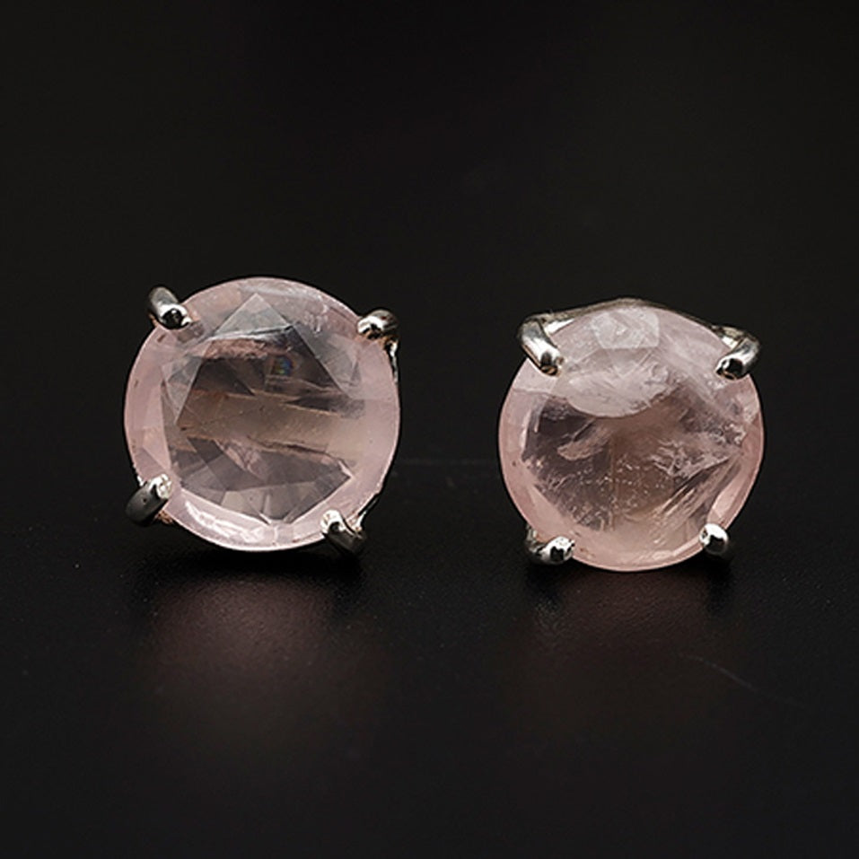 Elegant Rose Quartz stud earrings featuring round rose-cut gemstones in a bezel setting. AAA quality, minimalist design perfect for women.