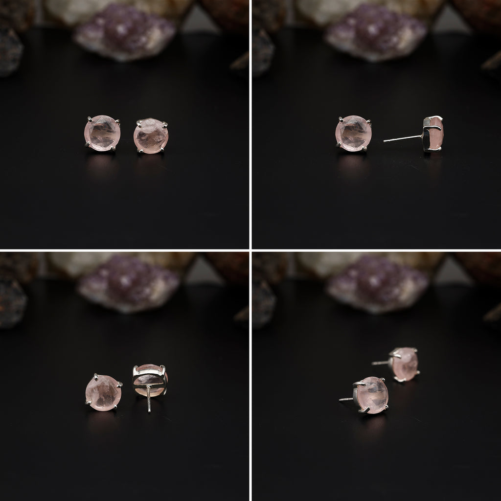 Elegant Rose Quartz stud earrings featuring round rose-cut gemstones in a bezel setting. AAA quality, minimalist design perfect for women.