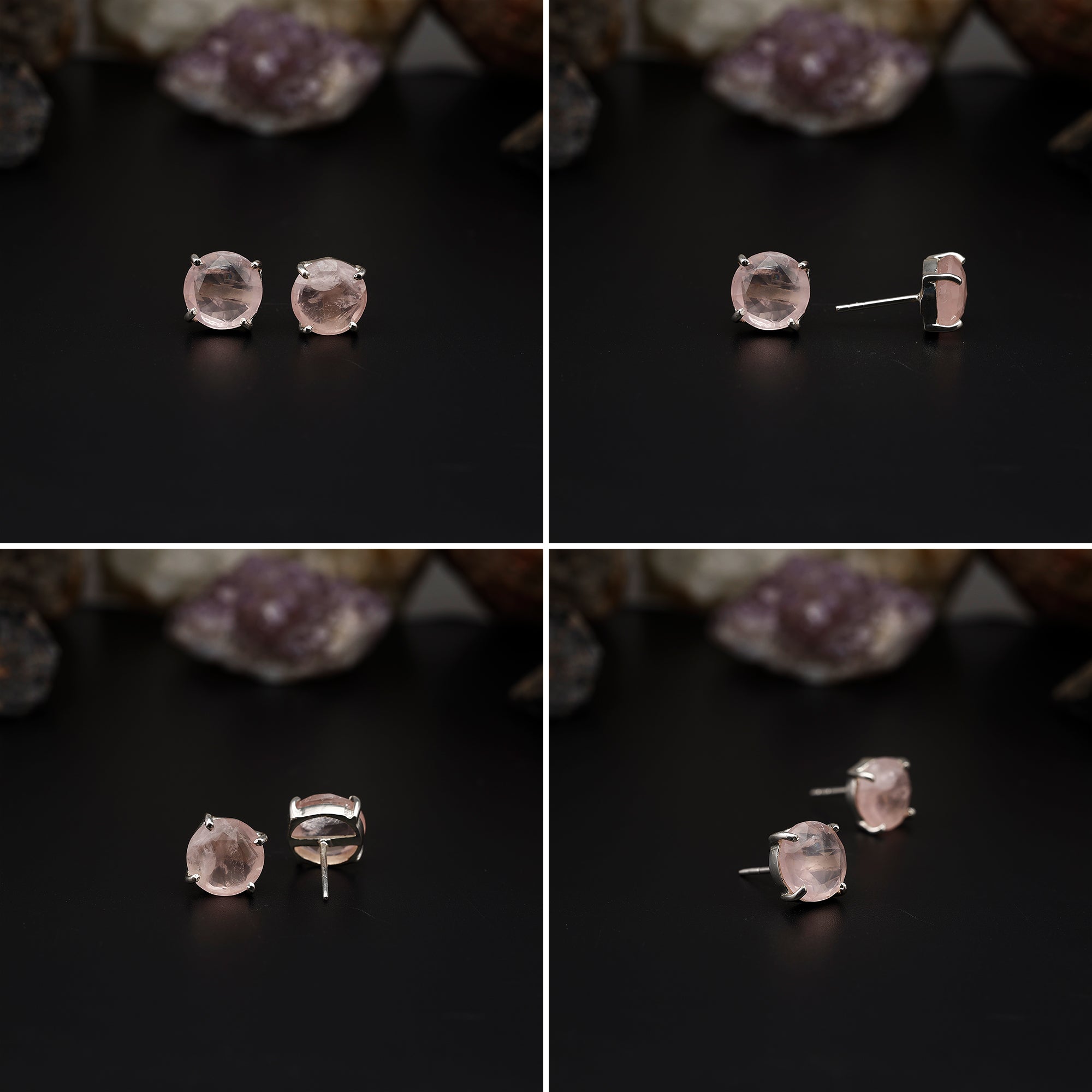 Elegant Rose Quartz stud earrings featuring round rose-cut gemstones in a bezel setting. AAA quality, minimalist design perfect for women.
