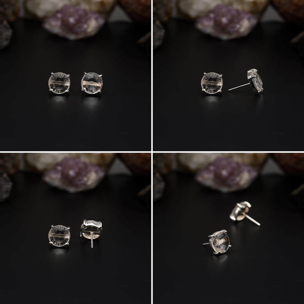 Elegant Rose Quartz stud earrings featuring round rose-cut gemstones in a bezel setting. AAA quality, minimalist design perfect for women.