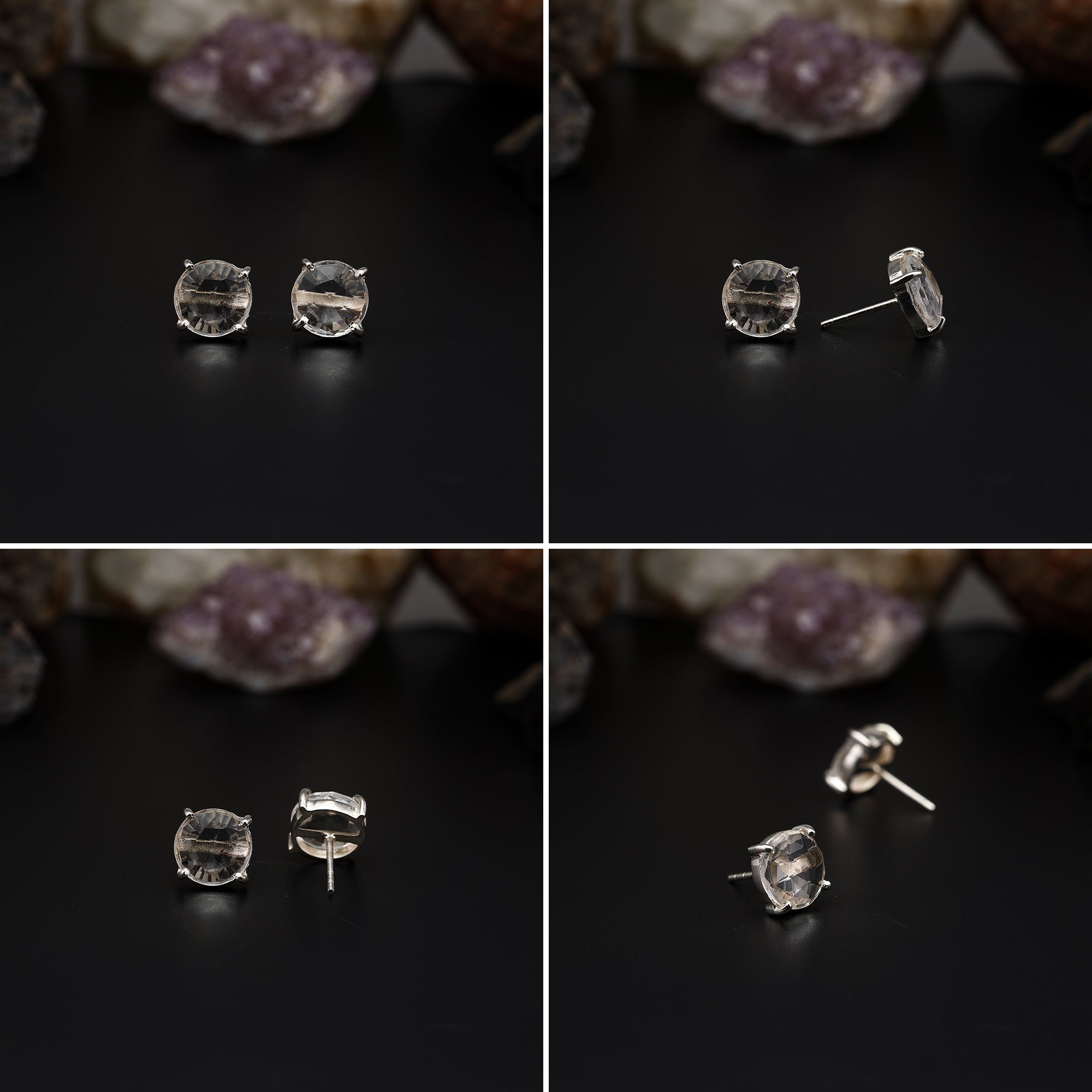 Elegant Rose Quartz stud earrings featuring round rose-cut gemstones in a bezel setting. AAA quality, minimalist design perfect for women.