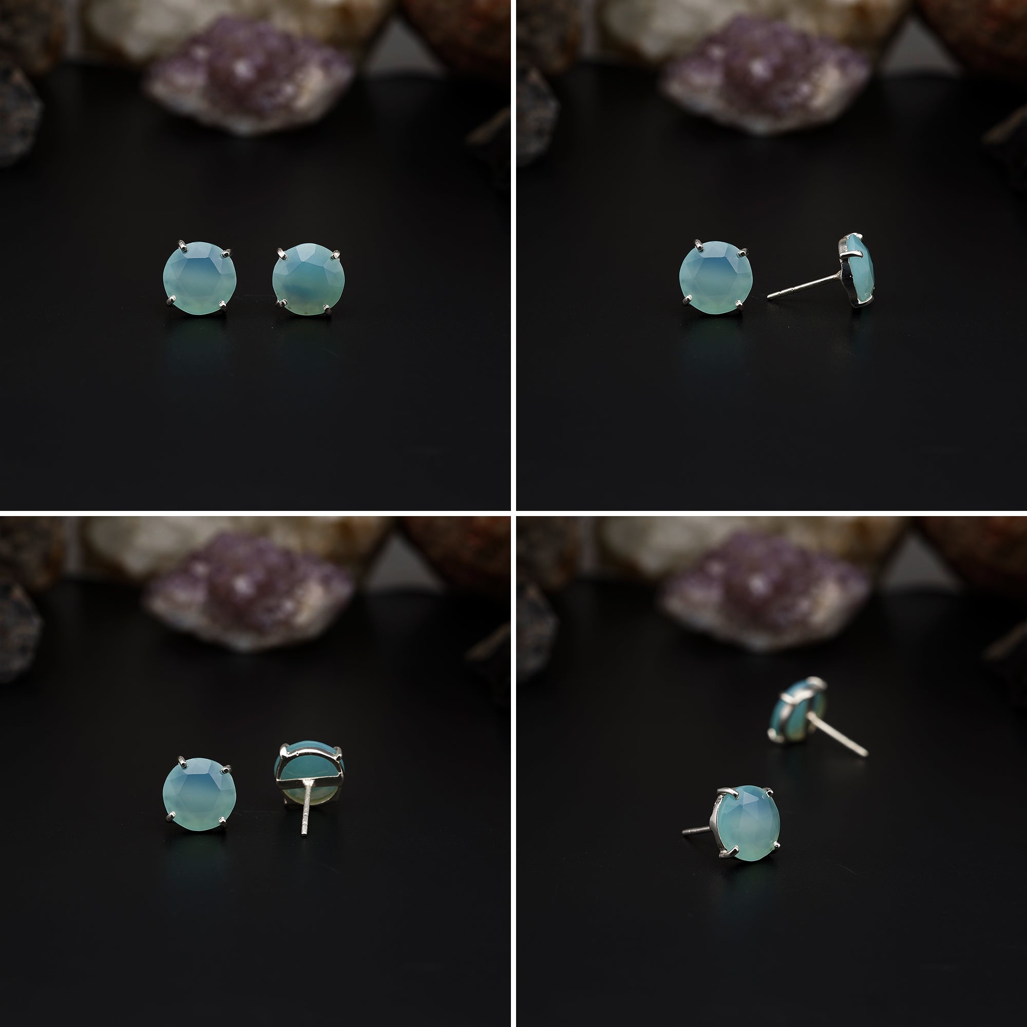 Elegant Rose Quartz stud earrings featuring round rose-cut gemstones in a bezel setting. AAA quality, minimalist design perfect for women.