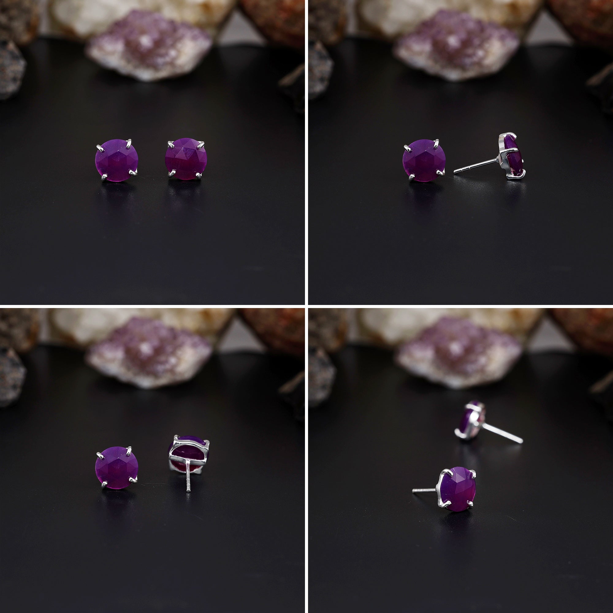 Elegant Rose Quartz stud earrings featuring round rose-cut gemstones in a bezel setting. AAA quality, minimalist design perfect for women.