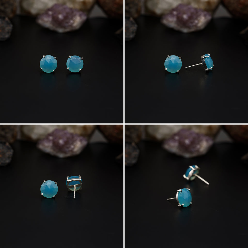 Elegant Rose Quartz stud earrings featuring round rose-cut gemstones in a bezel setting. AAA quality, minimalist design perfect for women.