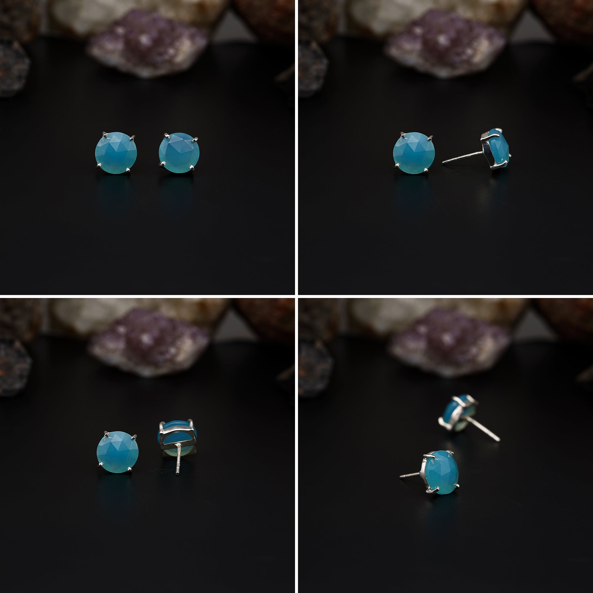 Elegant Rose Quartz stud earrings featuring round rose-cut gemstones in a bezel setting. AAA quality, minimalist design perfect for women.