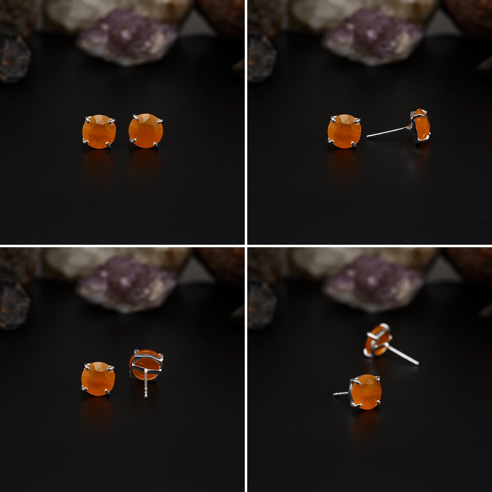 Elegant Rose Quartz stud earrings featuring round rose-cut gemstones in a bezel setting. AAA quality, minimalist design perfect for women.