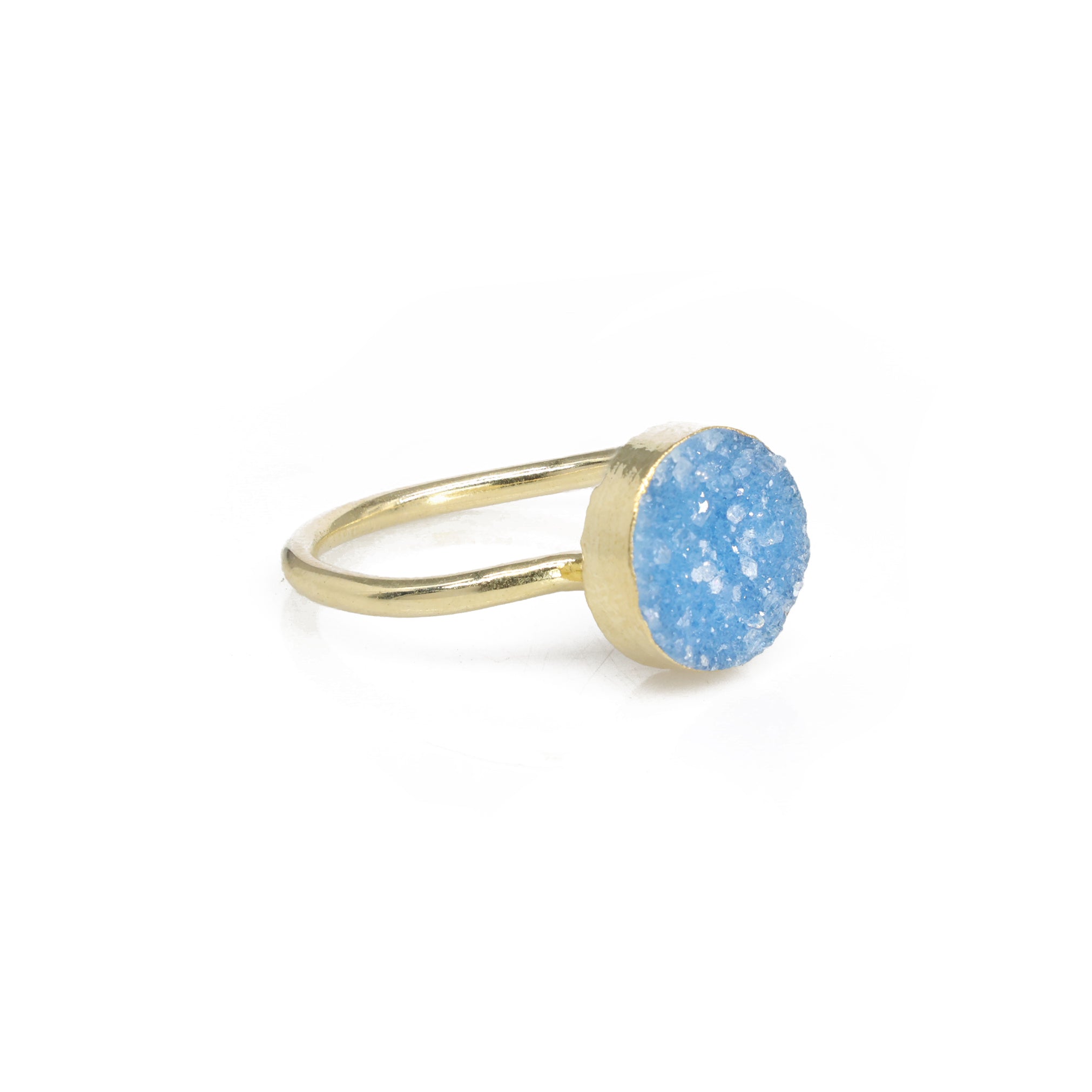 Edged Micron Gold Rings 10 mm Natural Gemstone Agate Druzy Round Titanium Green Gold Plated on Brass Adjustable Shank