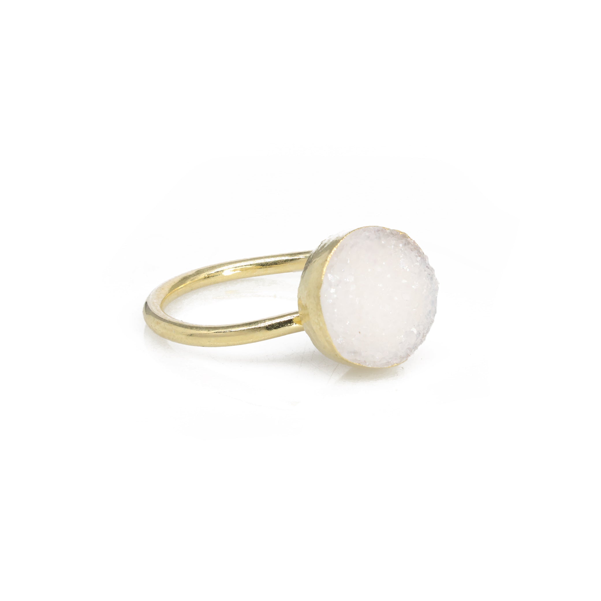 Edged Micron Gold Rings 10 mm Natural Gemstone Agate Druzy Round Titanium Green Gold Plated on Brass Adjustable Shank