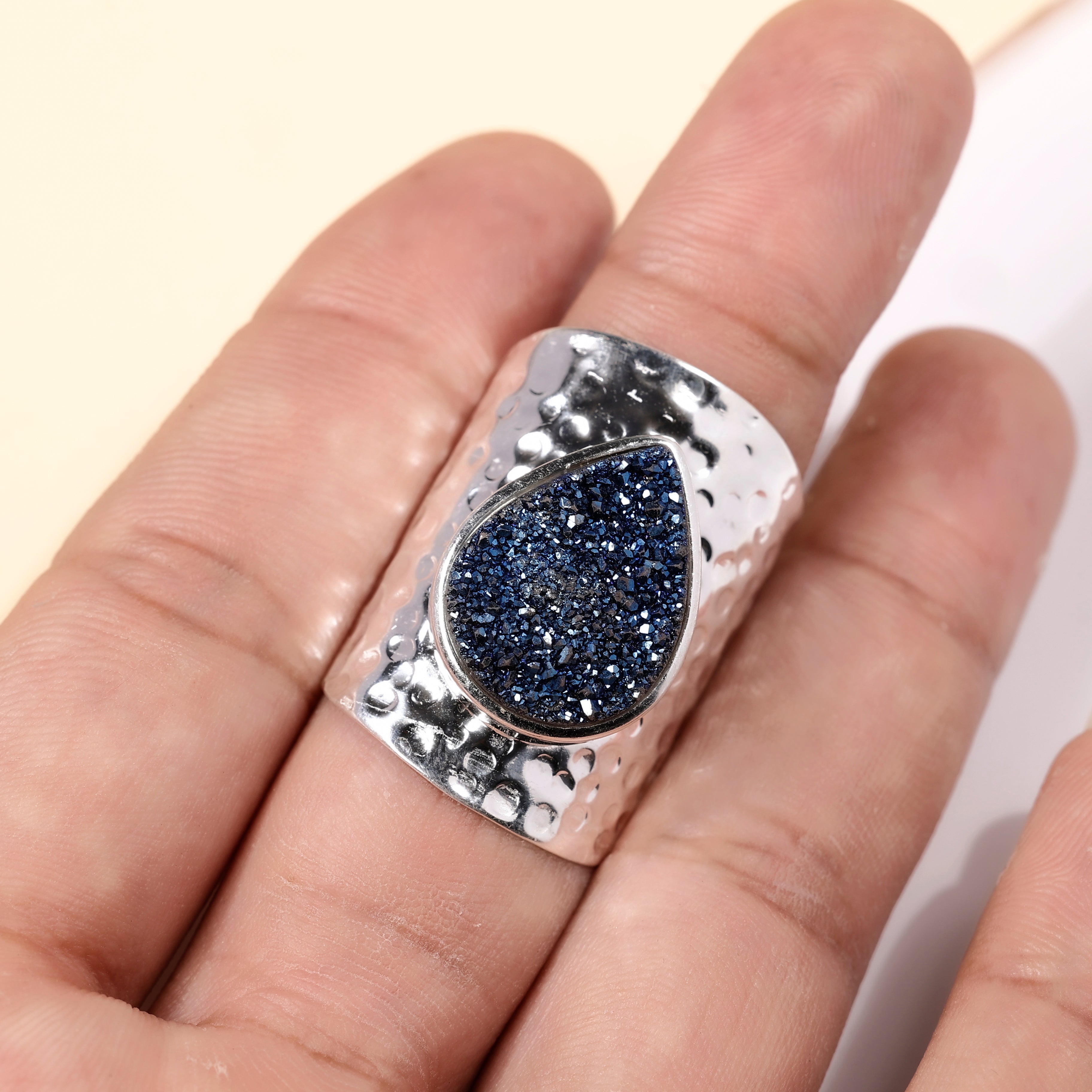 Handcrafted Titanium Blue Druzy Agate Ring – Unique Pear Gemstone, Adjustable