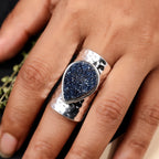 Handcrafted Titanium Blue Druzy Agate Ring – Unique Pear Gemstone, Adjustable