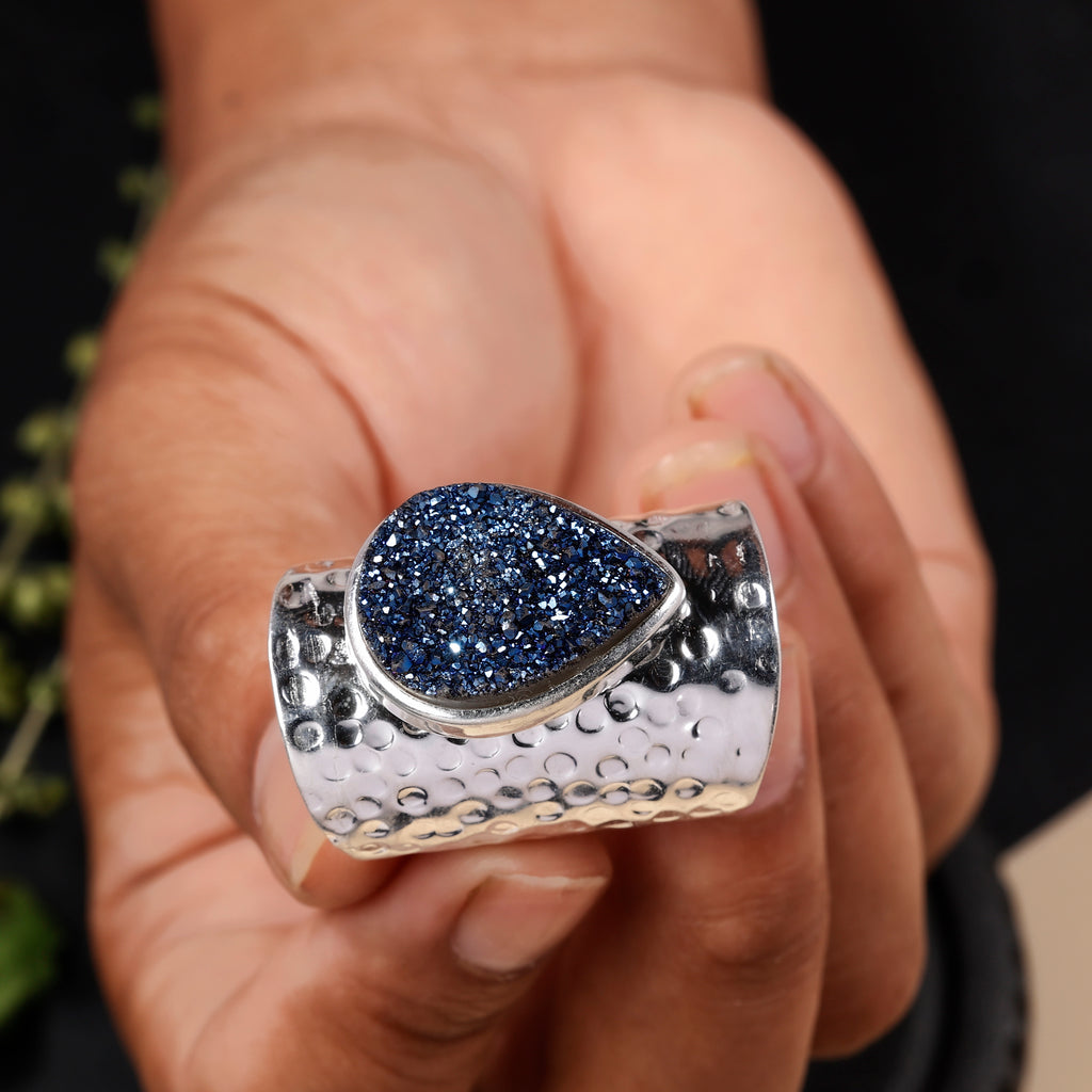 Handcrafted Titanium Blue Druzy Agate Ring – Unique Pear Gemstone, Adjustable