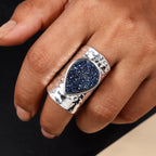 Handcrafted Titanium Blue Druzy Agate Ring – Unique Pear Gemstone, Adjustable