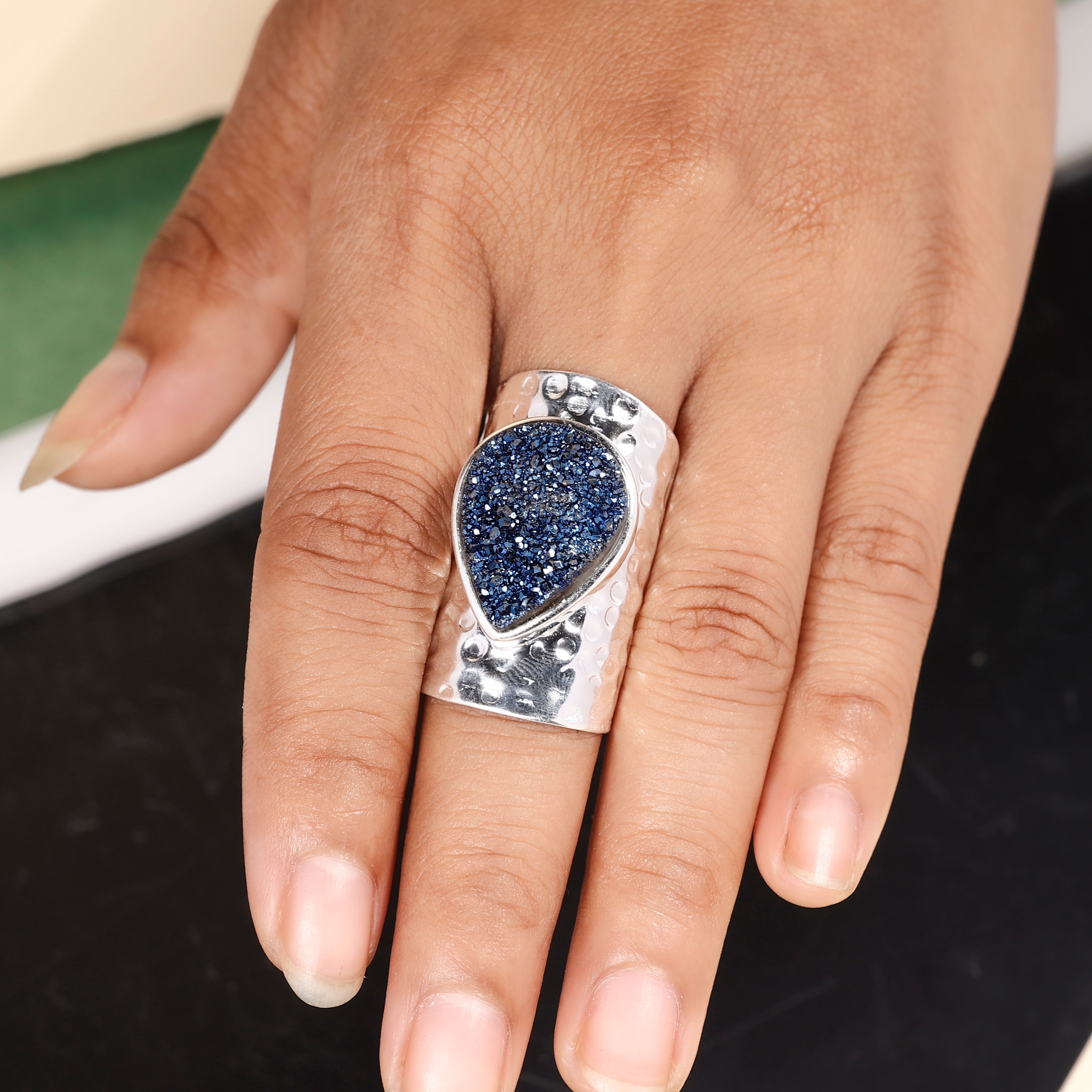 Handcrafted Titanium Blue Druzy Agate Ring – Unique Pear Gemstone, Adjustable