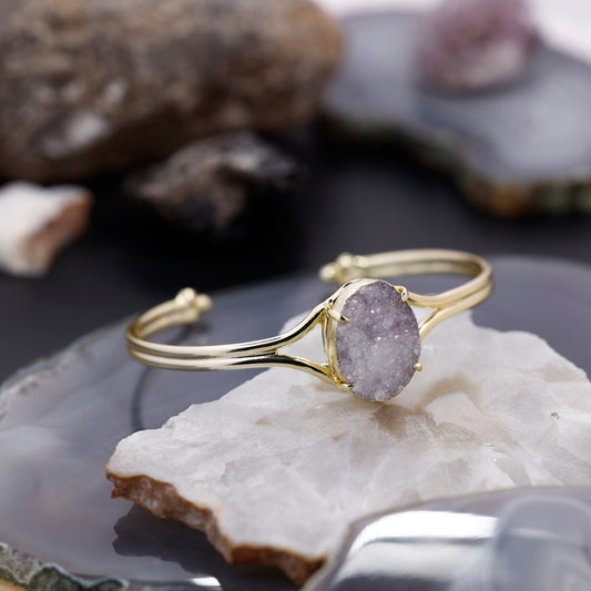 Natural White Druzy Crystal Bracelet | Handmade Gold Plated Statement Jewelry Meena Design