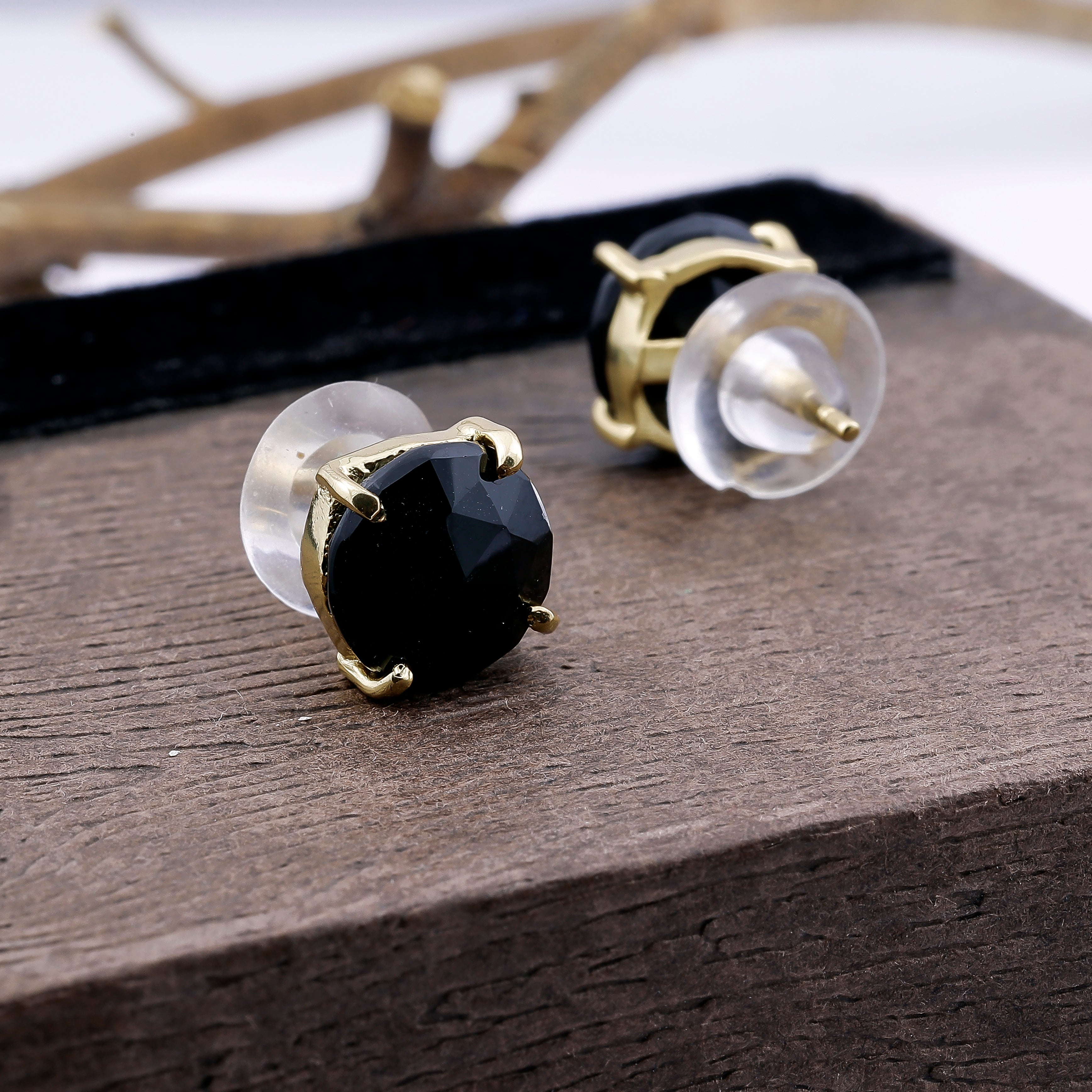Elegant Handmade Black Onyx Stud Earrings – Gold-Plated Brass, Hypoallergenic Minimalist Jewelry