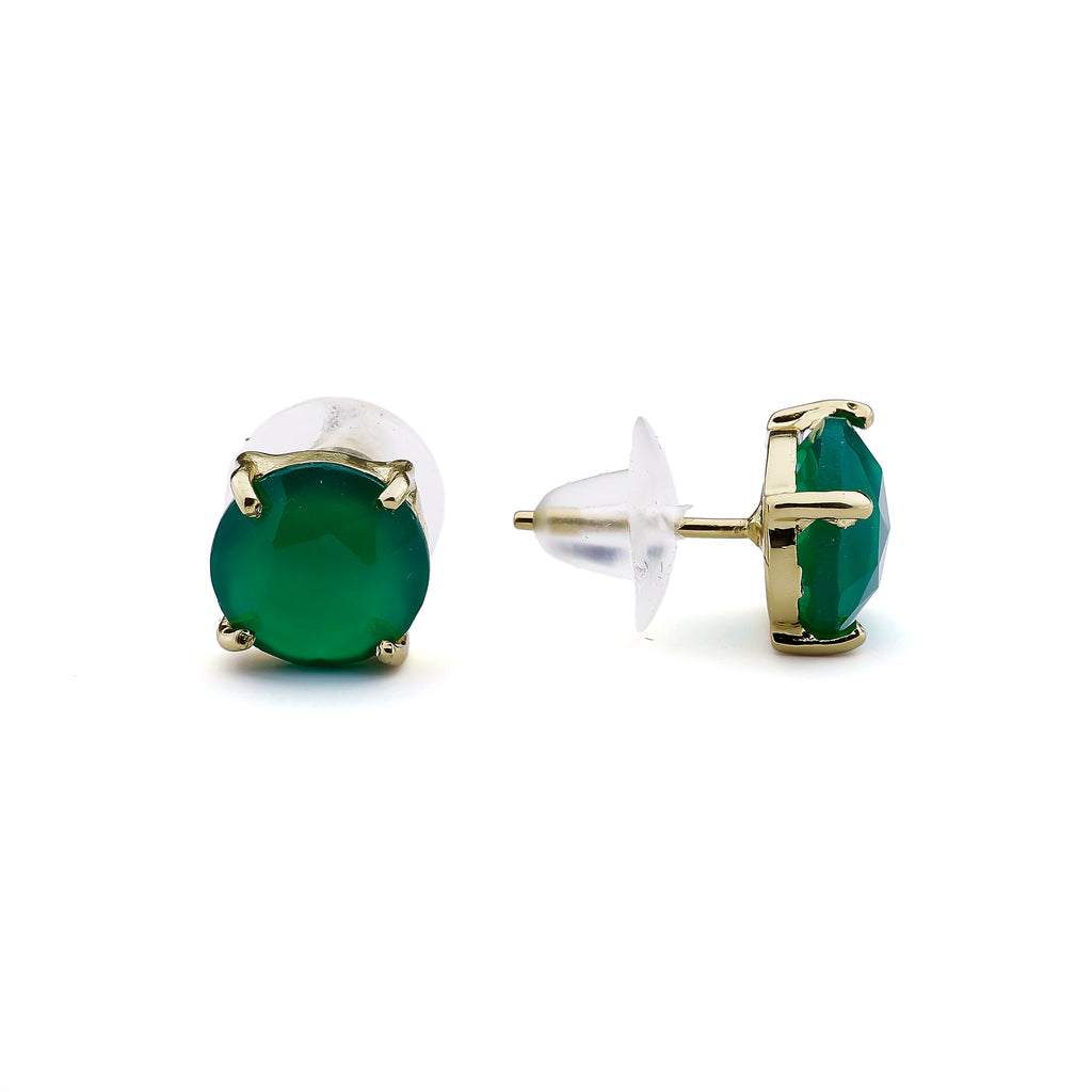 Green Chalcedony Stud Earrings – Brass Gold-Plated Minimal Gemstone Studs