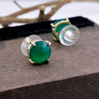 Green Chalcedony Stud Earrings – Brass Gold-Plated Minimal Gemstone Studs