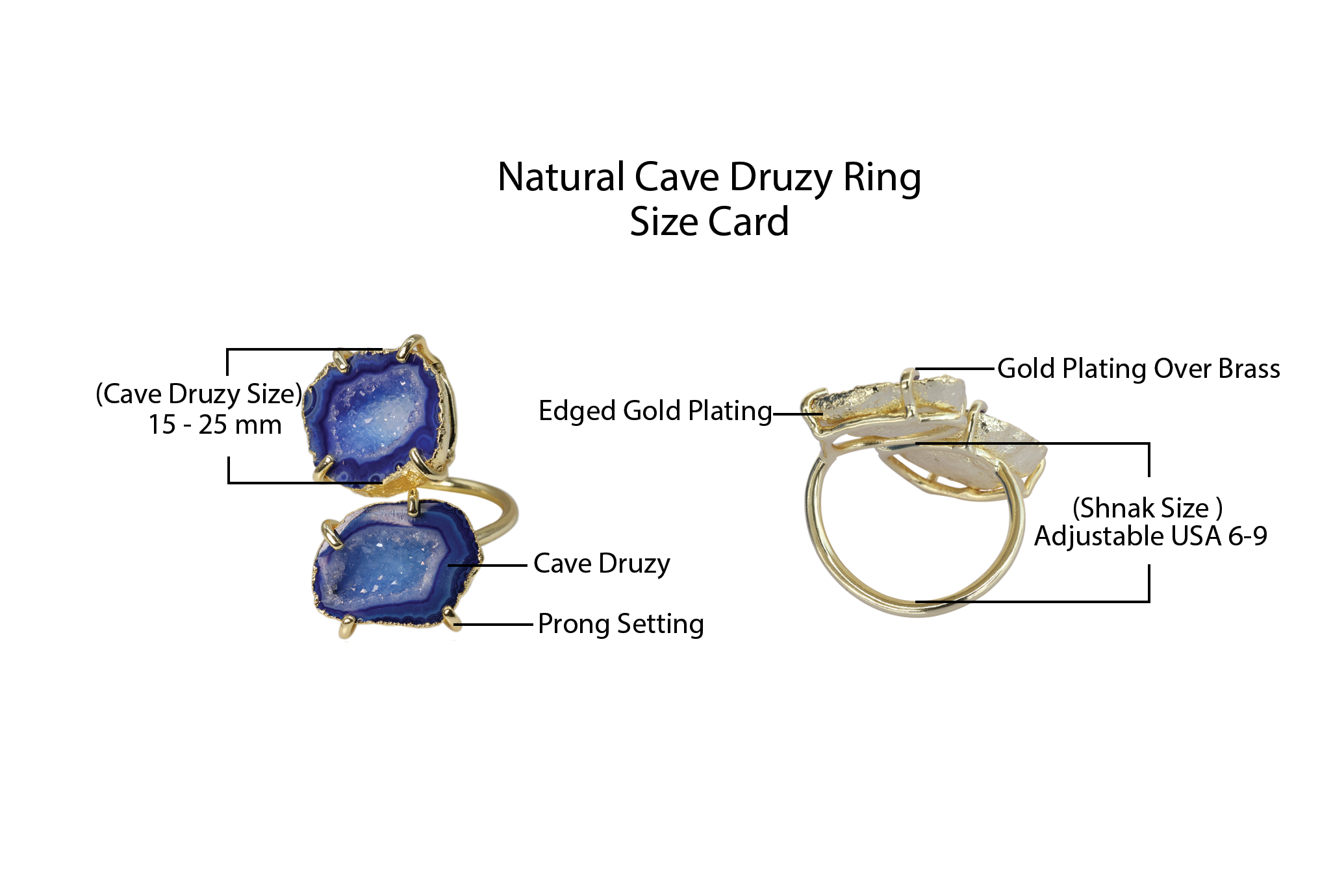 Twins Two Geode Gemstone Rings Prong Set 15 - 25 MM