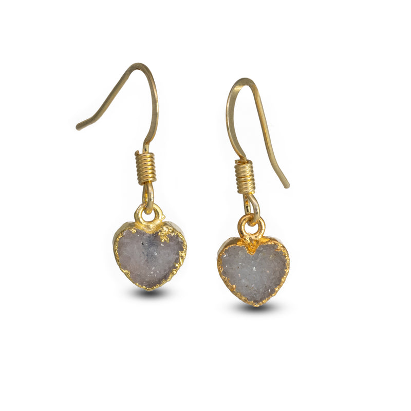 Sparkling heart-shaped druzy quartz dangle earrings in gold-tone, perfect Valentine’s gift for women