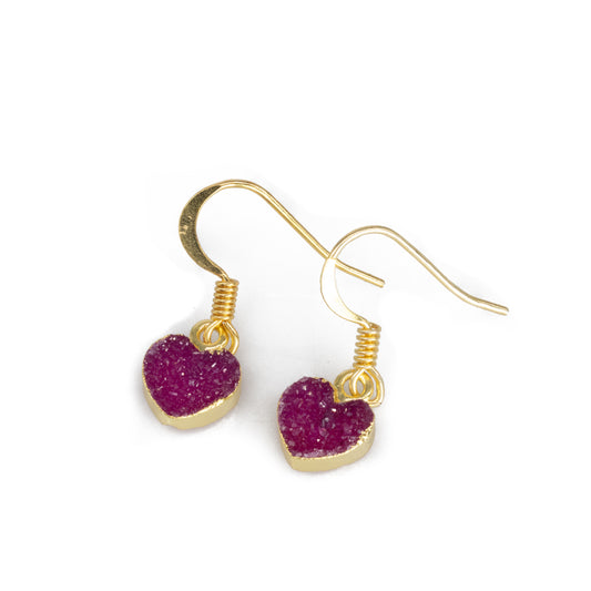 Elegant tiny heart quartz earrings with glittering drusy stones for girls and women