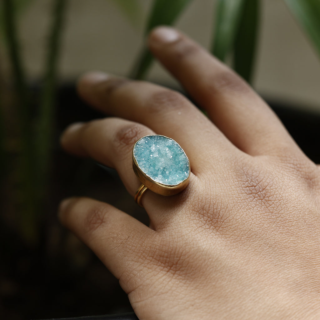 Agate Druzy Crystal Statement Ring – Gold Plated Adjustable Handmade Jewelry