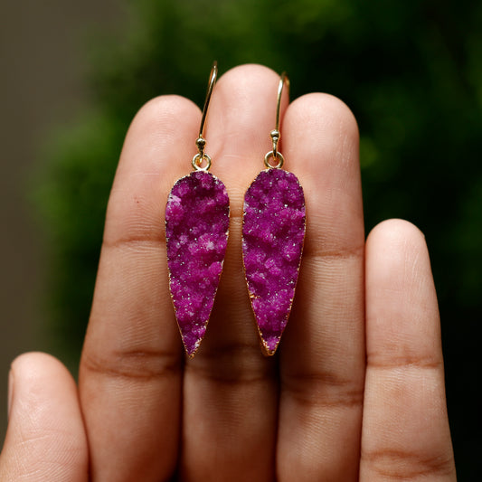 Natural Pink Druzy Stone Drop Earrings | Handmade Gold Plated Boho Jewelry for Women