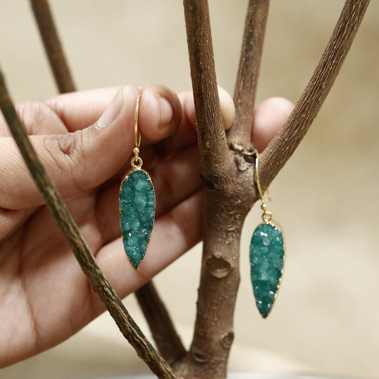 Natural Green Druzy Stone Drop Earrings | Handmade Gold Plated Boho Jewelry for Women